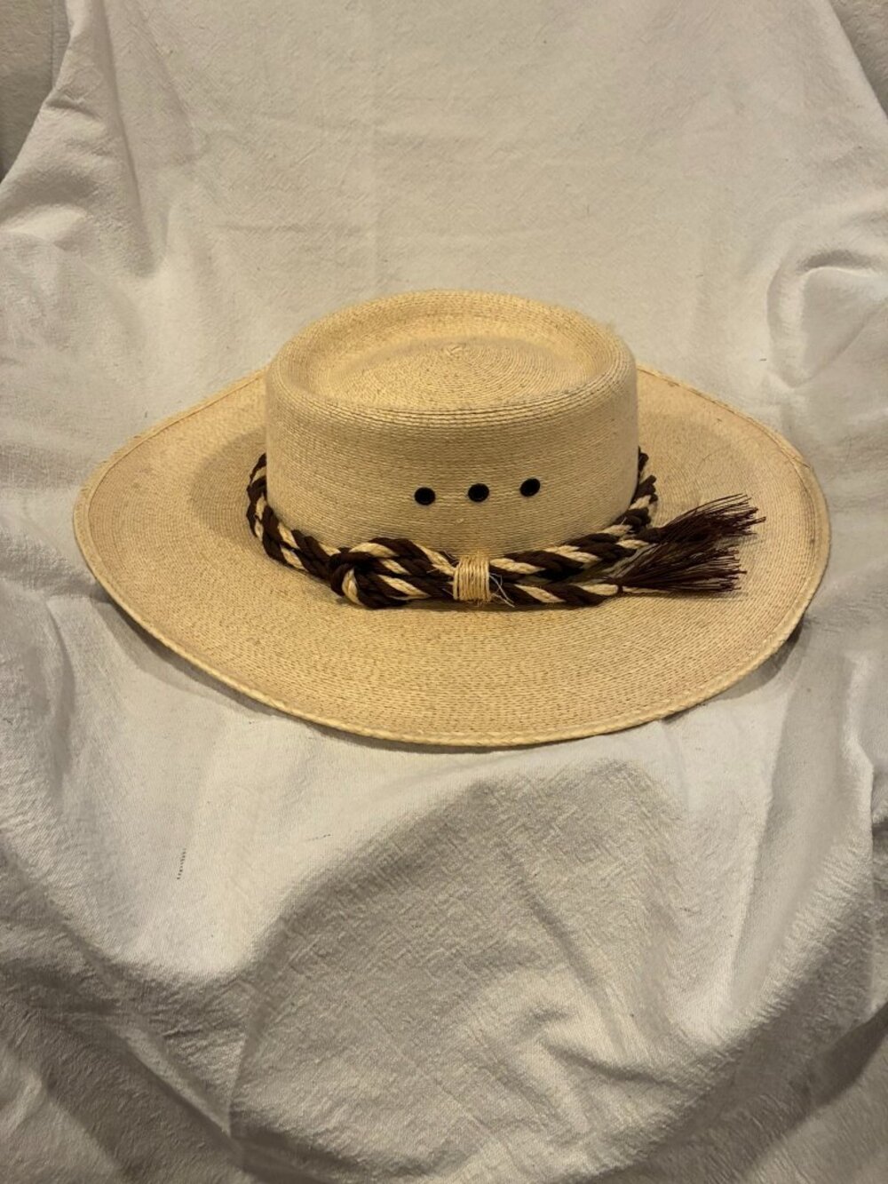 Vintage Straw Boater Hat w/ Braided Horsehair Band & Tassel
